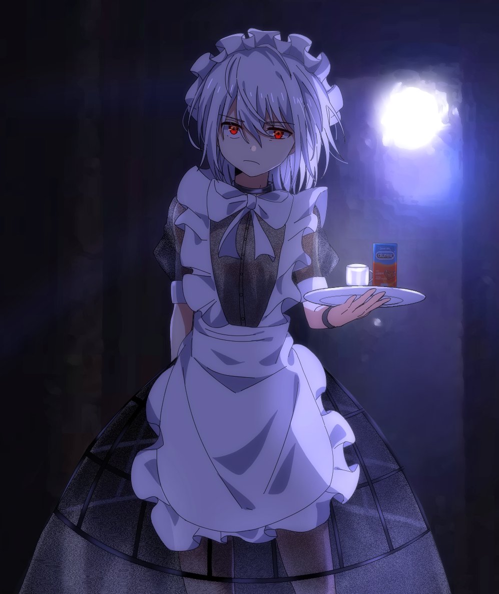 1boy accelerator_(toaru_majutsu_no_index) albino ambiguous_gender apron arm_behind_back bangs bare_legs black_bracelet black_choker black_dress blurry blurry_background bow choker closed_mouth commentary_request cowboy_shot crossdressing cup dark doorway dress frilled_apron frilled_hairband frills frown hairband holding holding_tray hoop_skirt indoors juice_box lights maid maid_apron maid_headdress maisuiren pale_skin puffy_short_sleeves puffy_sleeves red_eyes see-through see-through_dress see-through_sleeves short_hair short_sleeves standing toaru_majutsu_no_index tray waist_apron white_apron white_bow white_hair
