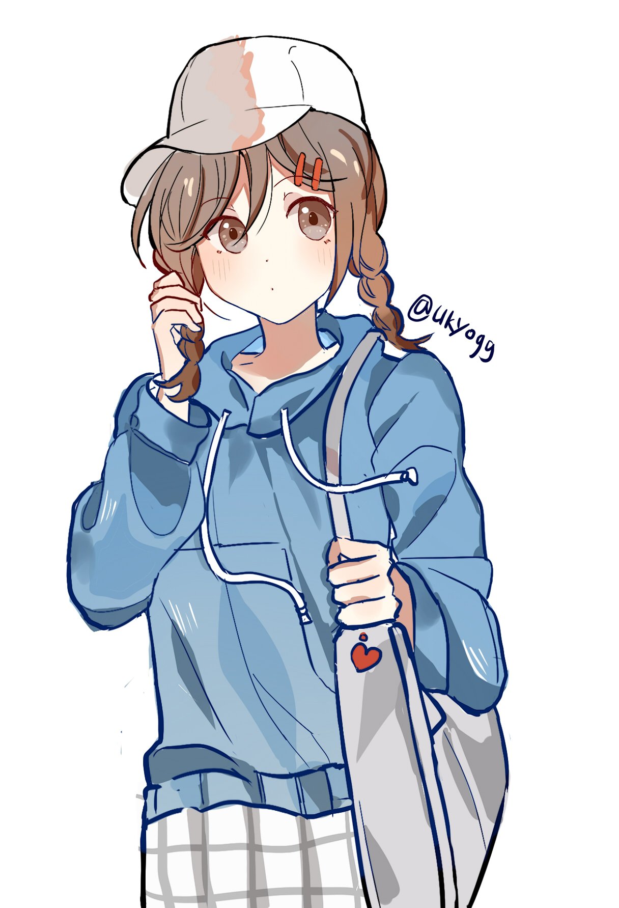 1girl alternate_costume alternate_hairstyle bag baseball_cap blue_hoodie blush braid brown_eyes brown_hair brown_headwear casual commentary dot_mouth dot_nose drawstring grey_bag grey_headwear hair_between_eyes hair_ornament hairclip hand_in_own_hair hat heart highres holding holding_bag holding_hair hood hood_up hoodie kagerou_project long_sleeves looking_to_the_side medium_hair mekakucity_actors multicolored_clothes multicolored_headwear no_scarf otorigg pants plaid plaid_pants shoulder_bag simple_background skirt solo tateyama_ayano twin_braids twitter_username upper_body white_background white_headwear white_skirt