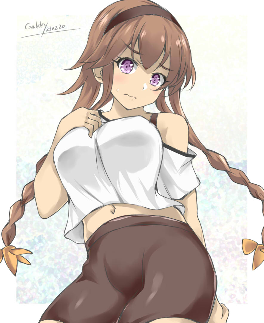 1girl alternate_costume braid breasts brown_hairband brown_skirt commentary_request cowboy_shot gakky grey_eyes hair_ornament hairband kantai_collection light_brown_hair long_hair looking_at_viewer medium_breasts navel one-hour_drawing_challenge propeller_hair_ornament shirt skirt solo teruzuki_(kancolle) twin_braids white_shirt