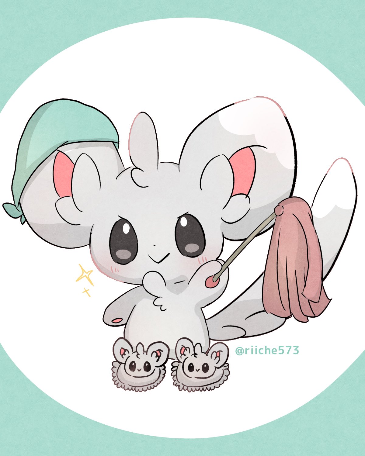 :&gt; animal_slippers bandana black_eyes blush chira_(riiche573) closed_mouth commentary_request full_body green_bandana highres holding minccino no_humans pokemon pokemon_(creature) slippers smile solo sparkle twitter_username watermark