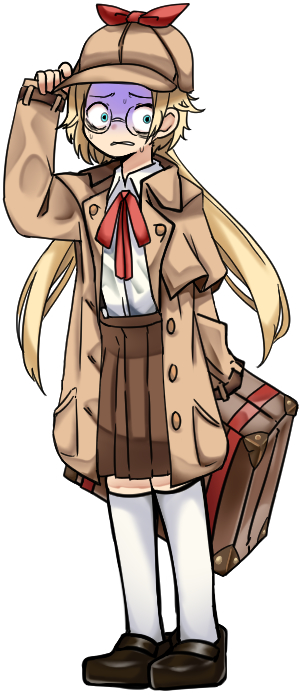 1girl bags_under_eyes black_survival blonde_hair blue_eyes bow bowtie brown_coat brown_footwear brown_headwear brown_skirt buttons coat collared_shirt commentary_request constricted_pupils deerstalker flat_chest full_body glasses gloom_(expression) hand_on_headwear hat hat_bow kneehighs long_hair long_sleeves looking_to_the_side nicky_blake open_clothes open_coat pleated_skirt red_bow red_bowtie rinyamame shirt shirt_tucked_in shoes simple_background skirt socks solo standing suitcase white_background white_shirt white_socks