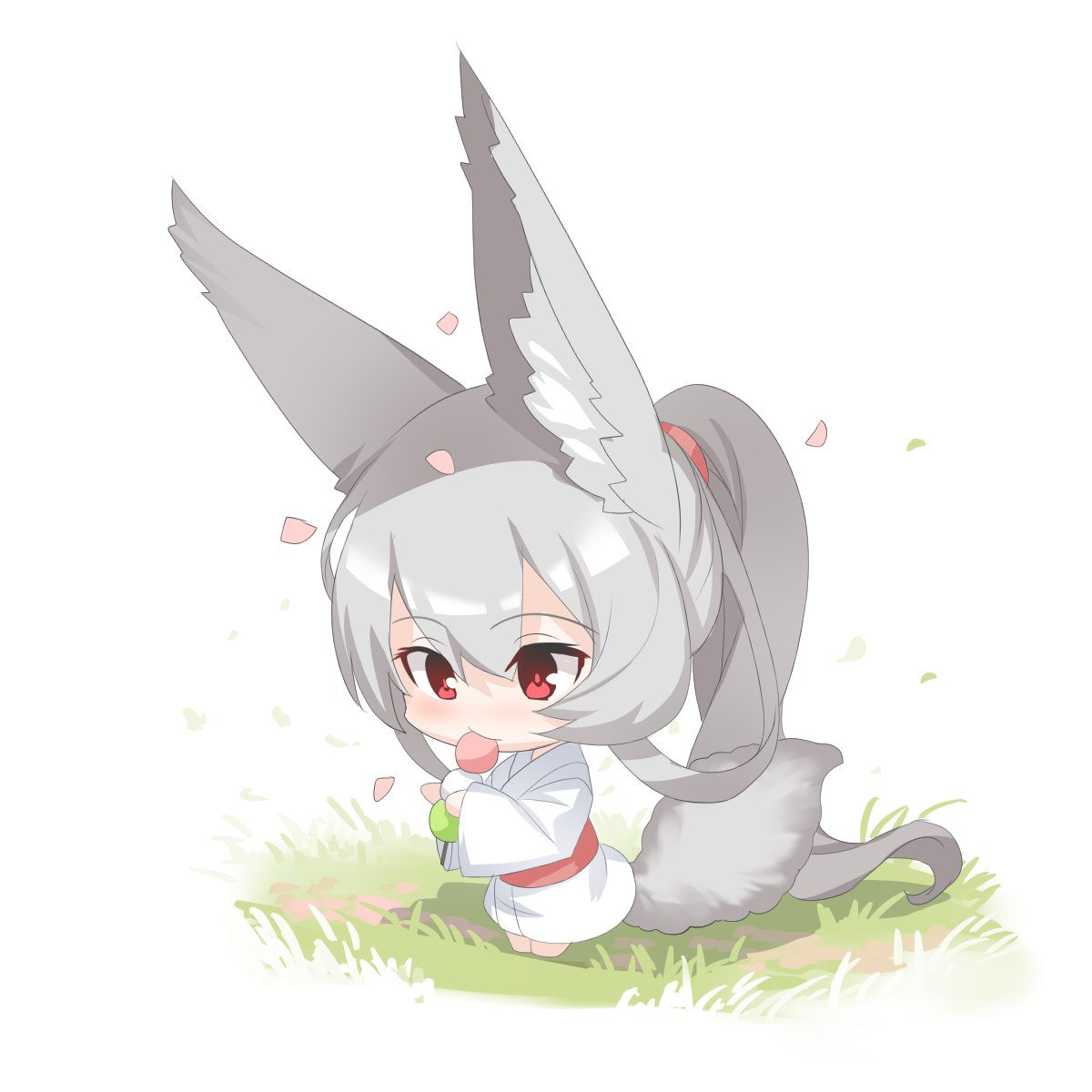 1girl animal_ear_fluff animal_ears bangs barefoot chibi commentary_request dango eating food full_body grass grey_hair hair_between_eyes highres holding holding_food japanese_clothes kimono long_hair long_sleeves obi original petals ponytail red_eyes sanshoku_dango sash simple_background solo tail very_long_hair wagashi white_background white_kimono wide_sleeves yuuji_(yukimimi)