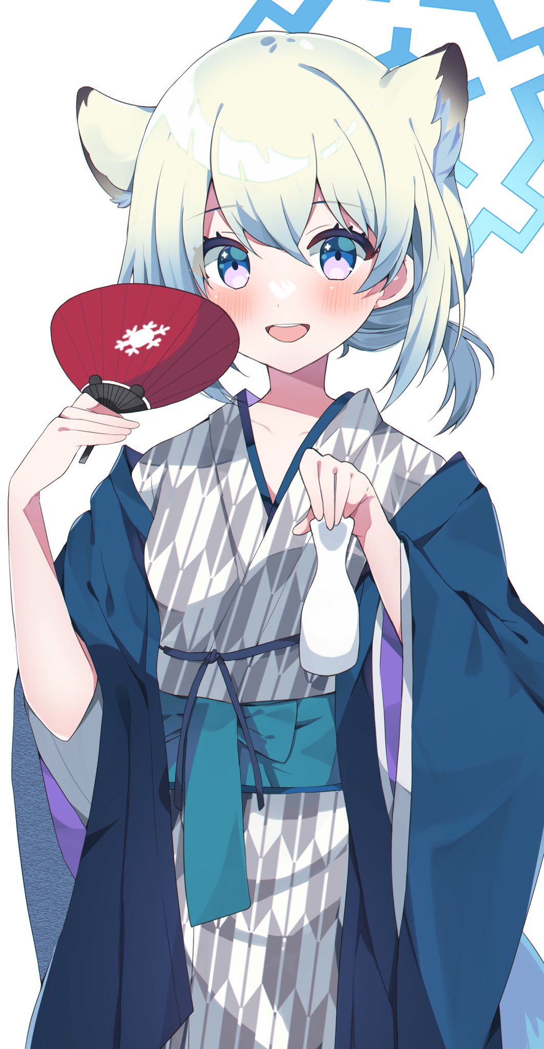 1girl :d animal_ears bad_id bad_twitter_id bath_yukata blue_archive blush bottle grey_kimono halo hand_fan highres holding holding_bottle inactive_account japanese_clothes kimono light_green_hair looking_at_viewer murase48 open_mouth paper_fan shigure_(blue_archive) shigure_(hot_spring)_(blue_archive) short_hair simple_background smile solo tokkuri uchiwa violet_eyes weasel_ears white_background wide_sleeves yagasuri yukata