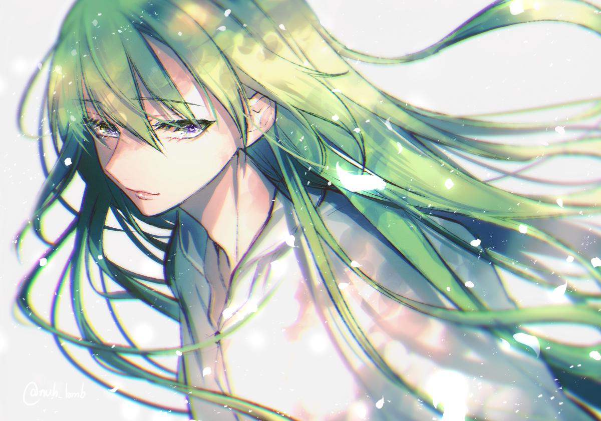 1other androgynous enkidu_(fate) fate/grand_order fate/strange_fake fate_(series) green_hair light_green_hair long_hair looking_at_viewer morino_bambi other_focus robe violet_eyes white_robe