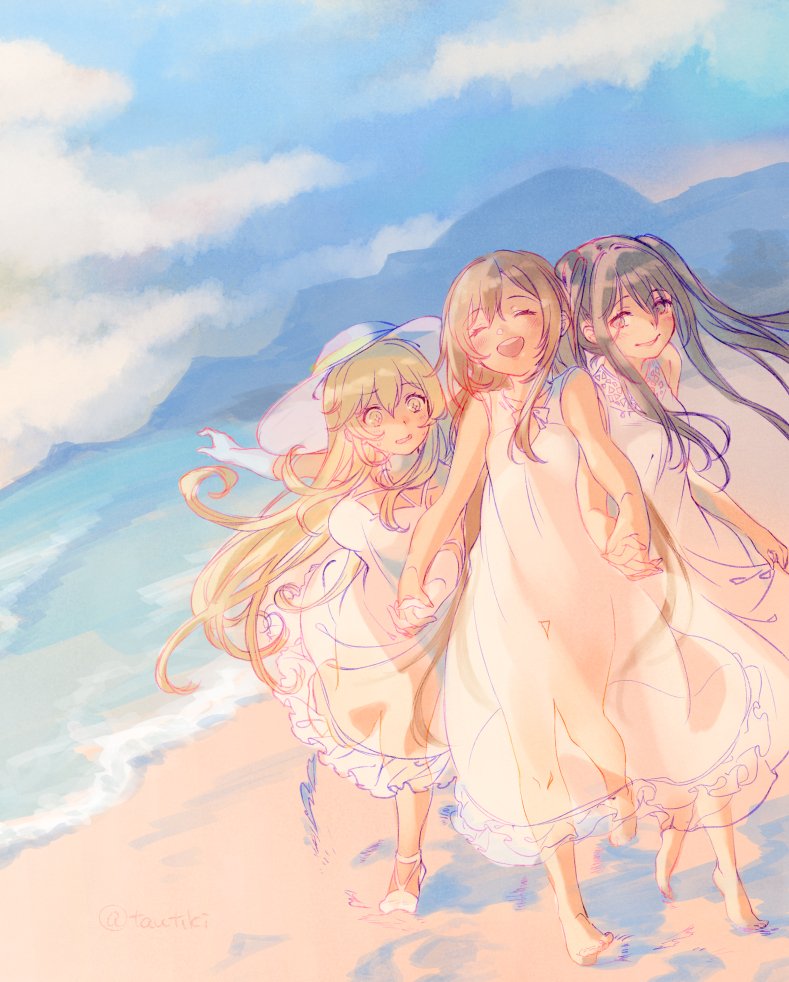 3girls bare_legs barefoot beach black_eyes black_hair blonde_hair blue_sky blush brown_hair closed_eyes closed_mouth clouds day dolly_(toaru_kagaku_no_railgun) dress gloves high_collar holding holding_clothes holding_hands kouzaku_mitori lace-trimmed_dress lace_trim laughing long_hair mountainous_horizon multiple_girls open_mouth outstretched_arms painting_(medium) running sand sandals see-through see-through_dress shokuhou_misaki sky sleeveless smile sundress sunlight tautiki toaru_kagaku_no_railgun toaru_majutsu_no_index traditional_media twintails water watercolor_(medium) waves white_dress white_gloves yellow_eyes
