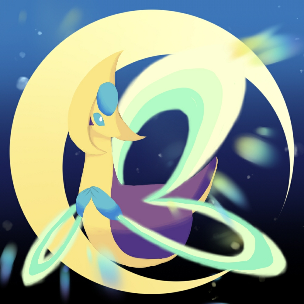 alternate_color animal_focus blue_background blue_sclera blurry colored_sclera commentary_request crescent_moon cresselia full_body gradient_background hands_on_own_chest herari looking_to_the_side moon no_humans own_hands_together pokemon pokemon_(creature) shiny_pokemon solo white_eyes