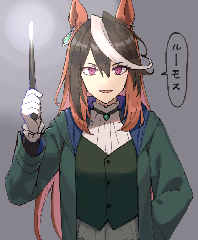 1girl alternate_costume animal_ears bangs brown_hair gloves green_robe grey_background hand_in_pocket harry_potter_(series) holding holding_wand hood hood_down hooded_robe horse_ears kusanagi_kaoru long_hair long_sleeves multicolored_hair open_mouth robe shirt solo speech_bubble streaked_hair symboli_rudolf_(umamusume) translation_request umamusume vest violet_eyes wand white_gloves white_shirt