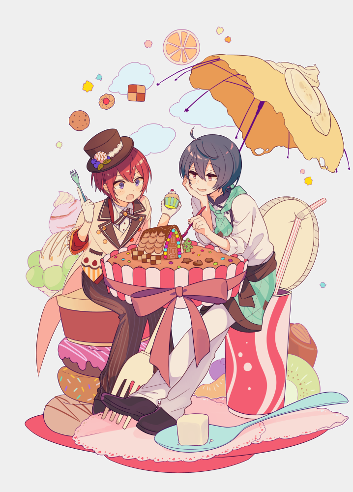 2boys 4_(nakajima4423) ahoge banana banana_slice bangs black_footwear black_hair blush brown_headwear brown_pants buttons candy checkerboard_cookie clouds commentary_request cookie cup cupcake disposable_cup doughnut drinking_straw ensemble_stars! food fork fruit full_body gingerbread_house hair_between_eyes hand_up hands_up hat head_rest heart holding holding_food holding_fork ice_cream jacket kiwi_(fruit) kiwi_slice konpeitou lapels long_sleeves male_focus multiple_boys open_mouth orange_(fruit) orange_slice oversized_food oversized_object pants red_eyes redhead sakuma_ritsu shirt shoes short_hair sidelocks simple_background sitting smile soda spoon star_(symbol) striped striped_pants sugar_cube suou_tsukasa tilted_headwear top_hat tree umbrella v-shaped_eyebrows vertical-striped_pants vertical_stripes violet_eyes whipped_cream white_background white_jacket white_pants white_shirt yellow_jacket