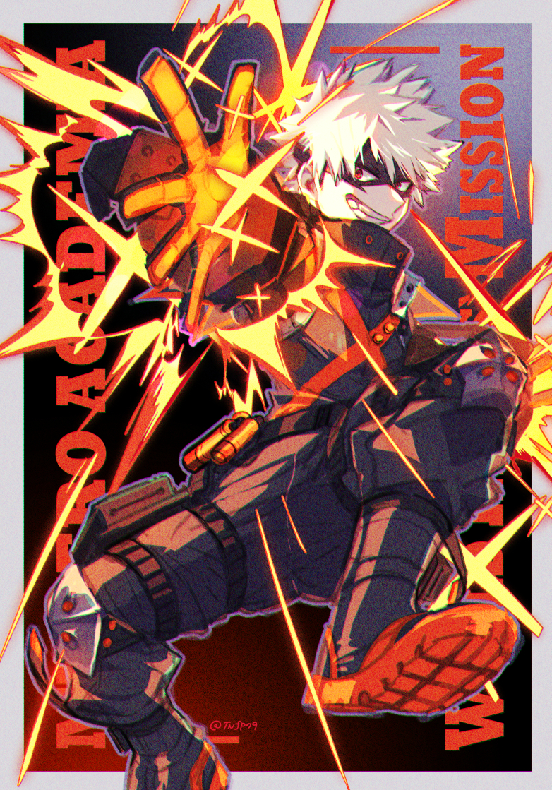1boy ankle_boots background_text baggy_pants bakugou_katsuki bangs belt black_background black_belt black_mask black_pants blonde_hair boku_no_hero_academia boots border chromatic_aberration colored_shoe_soles combat_boots commentary_request copyright_name dated_commentary explosion eye_mask film_grain full_body gloves gradient_background grin hands_up high_collar knee_pads knees_up looking_at_viewer looking_to_the_side male_focus midair official_alternate_costume orange_gloves outside_border outstretched_arm pants partial_commentary purple_outline rectangle red_background red_eyes shoe_soles short_hair sideways_glance smile solo spiky_hair tannoci thigh_pouch thigh_strap twitter_username two-tone_footwear white_border x