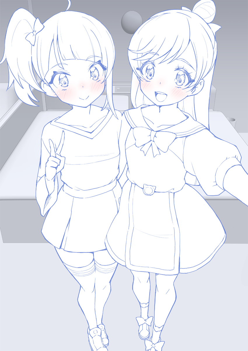 2girls ahoge arm_around_waist bangs blue_theme blunt_ends blush bow bowtie closed_mouth commentary dress hair_bow hair_bun highres hirogaru_sky!_precure hotel_room indoors long_hair long_sleeves looking_at_viewer medium_dress medium_hair miniskirt miyagoe_yoshitsuki monochrome multiple_girls nijigaoka_mashiro open_mouth pleated_skirt precure puffy_short_sleeves puffy_sleeves sailor_collar selfie shirt shoes short_sleeves side-by-side side_ponytail skirt smile socks sora_harewataru spot_color standing t-shirt thigh-highs v v-neck wide_sleeves