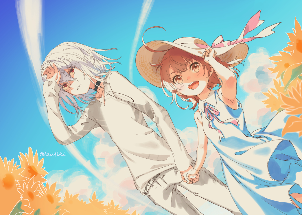 1boy 1girl accelerator_(toaru_majutsu_no_index) ahoge albino ambiguous_gender bangs belt black_choker blue_dress bow brown_eyes brown_hair choker clouds cloudy_sky dress dress_bow dutch_angle electrodes female_child field flower flower_field from_below hand_on_own_face hand_up hat hat_ribbon holding holding_clothes holding_hands holding_hat last_order_(toaru_majutsu_no_index) long_sleeves looking_at_viewer open_mouth pale_skin pants pink_bow pink_ribbon red_eyes ribbon shirt short_hair signature sky sleeveless smile sparkling_eyes staring straw_hat sundress sunflower sunlight tautiki toaru_majutsu_no_index white_belt white_hair white_pants white_shirt wide_shot wind