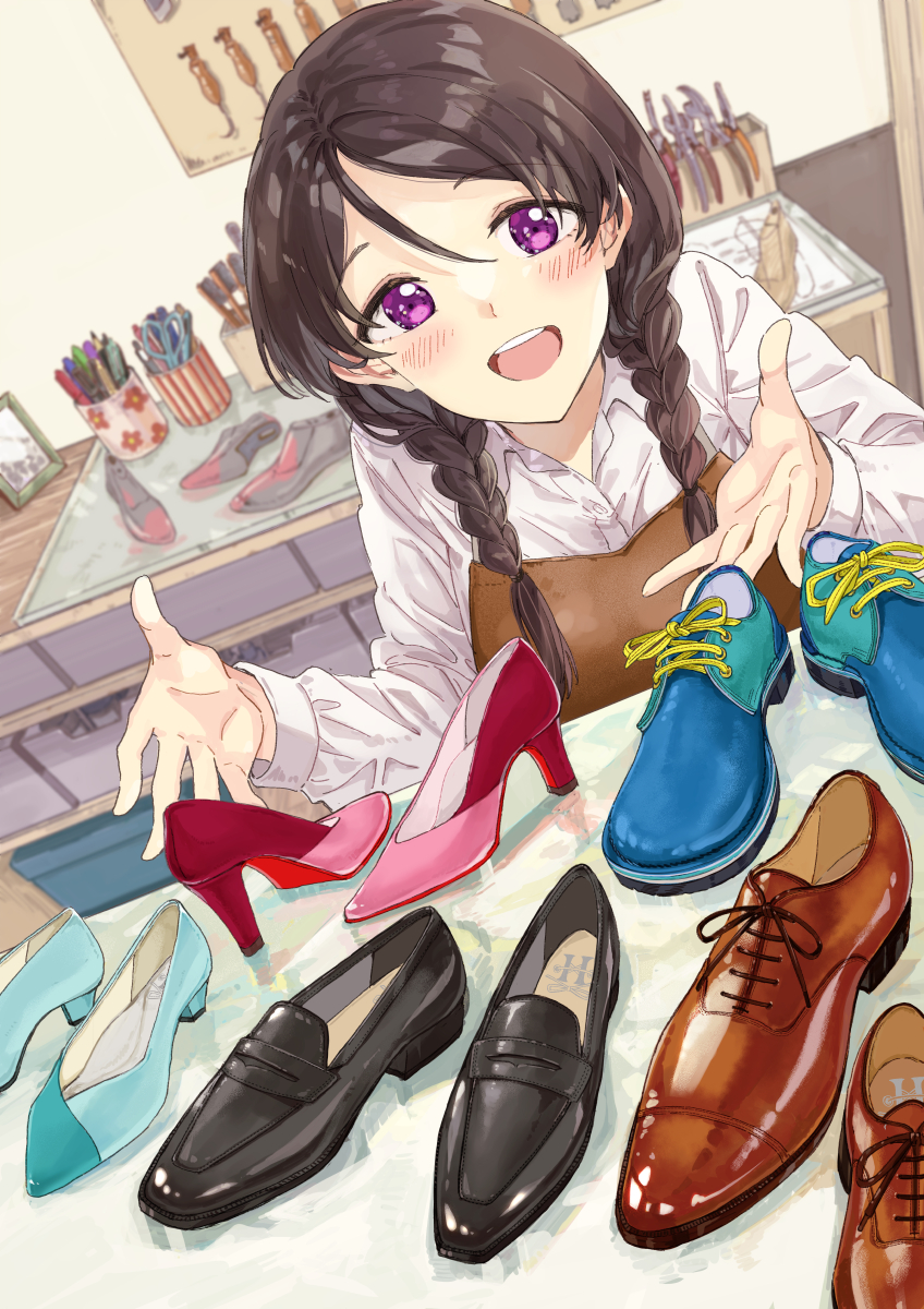 1girl :d apron bangs black_footwear black_hair blue_footwear blush braid brown_apron brown_footwear chisel collared_shirt commentary_request dress_shirt hair_between_eyes hair_over_shoulder high_heels highres indoors loafers long_hair long_sleeves looking_at_viewer low_twintails miyabi_akino original parted_bangs pink_footwear pliers scissors shirt shoes smile solo teeth twin_braids twintails upper_body upper_teeth_only violet_eyes white_shirt