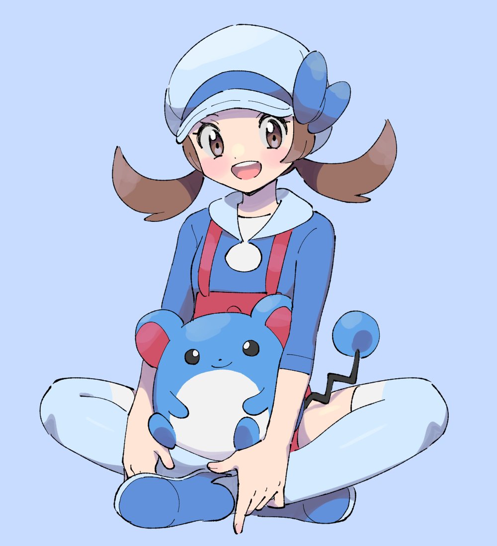1girl :d blue_background blue_footwear blue_headwear blue_sweater blue_theme blue_thighhighs brown_eyes brown_hair commentary hat indian_style looking_at_viewer low_twintails lyra_(pokemon) marill medium_hair overalls pokemon pokemon_(creature) pokemon_(game) pokemon_hgss pumpkinpan red_overalls sitting smile sweater thigh-highs twintails