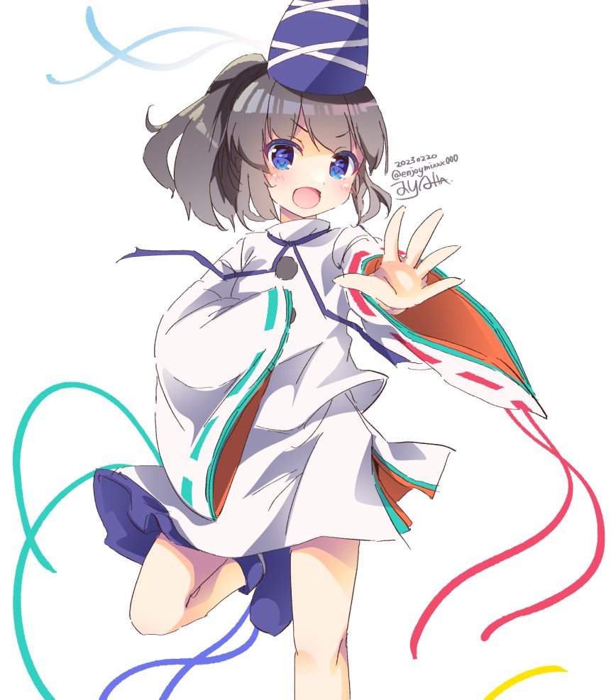 1girl bangs blue_eyes blue_footwear blue_headwear commentary_request dated enjoy_mix hat japanese_clothes kariginu leg_up long_sleeves looking_at_viewer medium_hair mononobe_no_futo one-hour_drawing_challenge pom_pom_(clothes) ponytail ribbon-trimmed_sleeves ribbon_trim signature simple_background solo standing tate_eboshi touhou twitter_username white_background