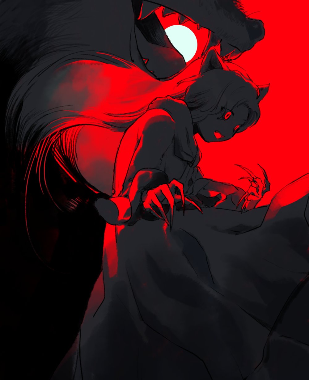 1girl animal_ears dress fang fingernails floating_hair highres imaizumi_kagerou kaigen_1025 limited_palette long_fingernails long_hair long_sleeves open_mouth red_eyes red_theme sharp_fingernails solo touhou wolf_ears