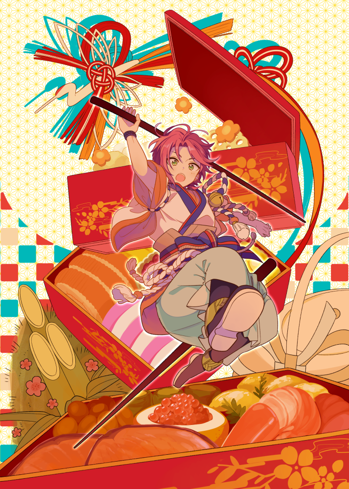 1boy 4_(nakajima4423) arm_up asa_no_ha_(pattern) bangs bell bento black_footwear blush boots carrot checkered_background commentary_request ensemble_stars! food food_request full_body green_eyes green_pants holding holding_stick japanese_clothes jingle_bell kadomatsu kimono looking_at_viewer male_focus multicolored_background obi open_mouth pants parted_bangs patterned_background redhead rope sash shimenawa short_hair short_sleeves shrimp sidelocks simple_background solo stick tassel teeth tsukinaga_leo upper_teeth_only white_kimono wide_sleeves