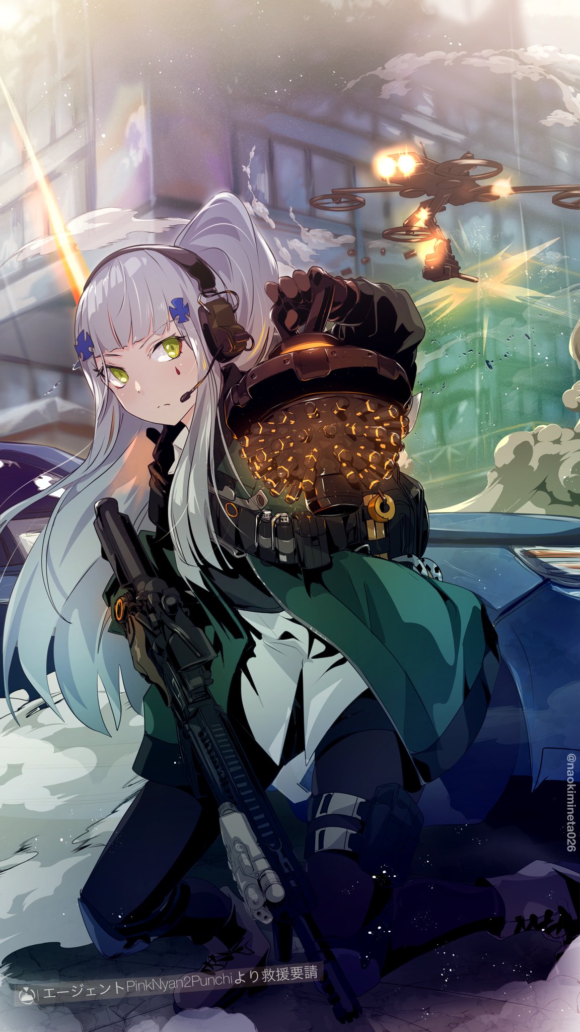 1girl agent_416_(girls'_frontline) assault_rifle commentary_request drone dust_cloud facial_mark full_body girls_frontline gloves green_eyes green_jacket grey_hair gun headset highres hk416_(girls'_frontline) holding holding_gun holding_weapon jacket long_hair looking_at_viewer mineta_naoki outdoors ponytail rifle solo teardrop tom_clancy's_the_division twitter_username weapon