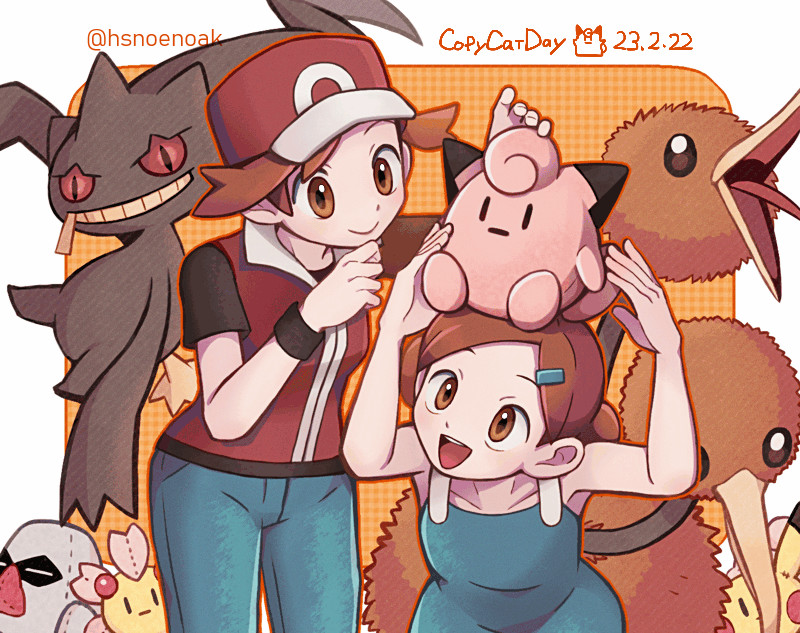 2girls :d banette bare_arms brown_eyes brown_hair character_doll cherrim cherrim_(sunshine) closed_mouth commentary_request dated doduo dress hair_ornament hairclip hat hsngamess jacket multiple_girls nosepass open_mouth pants pikachu pokemon pokemon_(game) pokemon_frlg red_(pokemon) red_headwear red_jacket shirt short_sleeves sleeveless sleeveless_jacket smile t-shirt teeth tongue twins_(pokemon) twitter_username upper_teeth_only watermark wristband