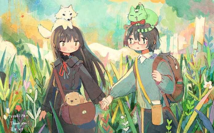 2girls animal_ears animal_on_head backpack bag bangs black_shirt black_skirt blush bottle brown_bag brown_eyes brown_hair cat cat_on_head collared_shirt commission cowboy_shot day dog dog_on_head frilled_shirt frills glasses green_cat grey_sweater holding_hands long_hair long_sleeves looking_at_another mamei_mema multiple_girls nature neck_ribbon on_head original outdoors pet plant red-framed_eyewear red_ribbon ribbon semi-rimless_eyewear shirt shoulder_bag skeb_commission skirt standing straight_hair sweater under-rim_eyewear water_bottle white_dog white_shirt