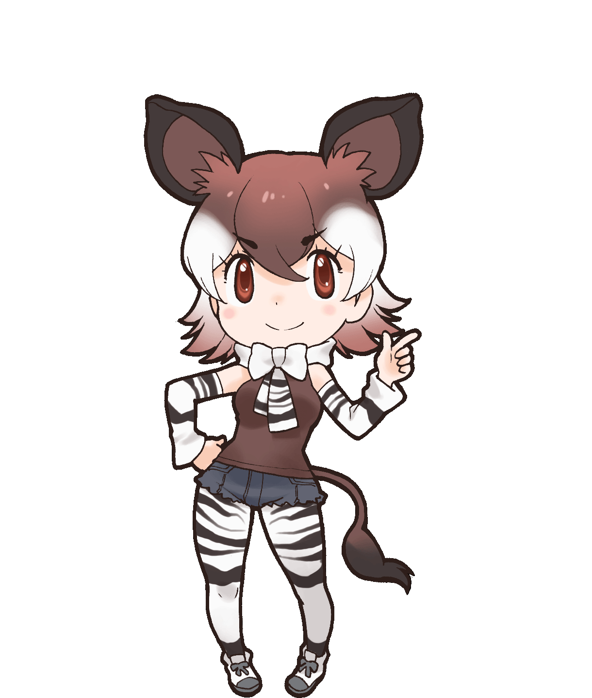 1girl animal_ear_fluff animal_ears bare_shoulders bow bowtie brown_eyes brown_hair extra_ears highres kemono_friends looking_at_viewer official_art okapi_(kemono_friends) pantyhose shirt shoes short_hair shorts simple_background sleeveless sleeveless_shirt solo tail transparent_background yoshizaki_mine