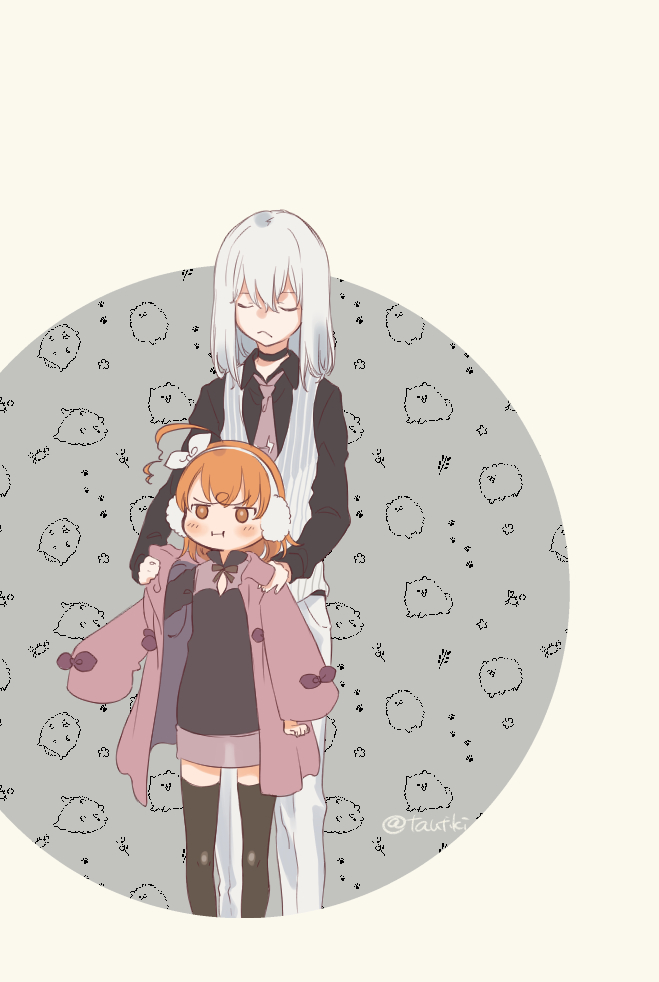 +_+ 1boy 1girl :t accelerator_(toaru_majutsu_no_index) albino ambiguous_gender animal_background bangs black_choker black_shirt black_thighhighs blush bow brown_eyes brown_hair business_suit choker closed_eyes clothing_cutout coat dog earmuffs feet_out_of_frame female_child fluffy formal frown green_background hair_bow hairband holding holding_another's_arm holding_clothes holding_coat last_order_(toaru_majutsu_no_index) necktie official_alternate_costume pale_skin pants patterned_background pink_necktie pout purple_coat ribbon_trim see-through see-through_skirt shirt short_hair signature skirt sparkling_eyes standing striped striped_vest suit tautiki thigh-highs toaru_majutsu_no_index vertical-striped_vest vertical_stripes vest white_hair white_hairband white_pants white_skirt white_vest