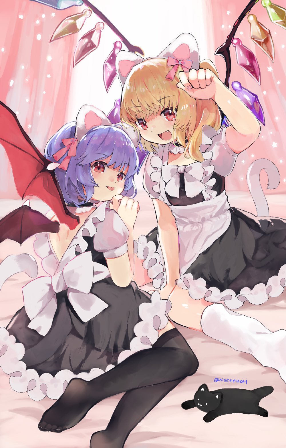2girls :p alternate_costume animal_ears apron arm_up artist_name back_cutout bangs bat_wings black_cat black_dress black_pantyhose blonde_hair blue_hair bow bowtie cat cat_ears cat_tail clothing_cutout collar commentary_request crystal dress enmaided fake_animal_ears fang flandre_scarlet foot_out_of_frame frilled_collar frilled_skirt frills highres looking_at_viewer maid maid_apron medium_hair multiple_girls niseneko_(mofumofu_ga_ienai) no_shoes open_mouth pantyhose paw_pose red_eyes remilia_scarlet shirt short_sleeves siblings sisters sitting skirt socks tail tongue tongue_out touhou wariza white_apron white_bow white_bowtie white_shirt white_socks wings yokozuwari