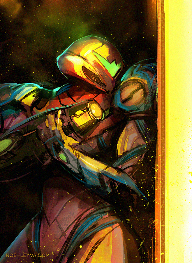 1girl arm_cannon armor artist_name commentary english_commentary full_armor hand_up helmet light_particles looking_to_the_side metroid metroid_dread noe_leyva power_armor power_suit power_suit_(metroid) samus_aran solo standing visor_(armor) weapon web_address