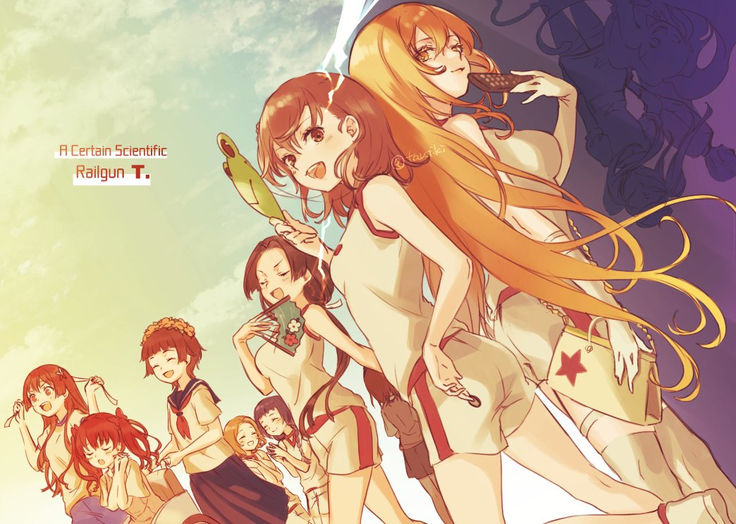 6+girls awatsuki_maaya back-to-back bag bangs black_hair blonde_hair blue_sky brown_eyes brown_hair chain coin controller copyright_name dutch_angle english_text everyone gekota gym_uniform hand_fan handbag holding holding_bag holding_coin holding_fan holding_mask holding_remote_control kihara_gensei kongou_mitsuko kouzaku_mitori lightning long_hair looking_at_another looking_at_viewer mask misaka_imouto misaka_mikoto multiple_girls open_mouth red_stripes remote_control saten_ruiko school_uniform shadow shirai_kuroko shirt shokuhou_misaki short_hair shorts sidelocks signature sky smile standing star-shaped_pupils star_(symbol) star_print striped striped_shorts symbol-shaped_pupils tank_top tautiki toaru_kagaku_no_railgun toaru_majutsu_no_index tokiwadai_school_gym_uniform tokiwadai_school_uniform uiharu_kazari vertical-striped_shorts vertical_stripes wannai_kinuho wheelchair white_bag white_shirt wide_shot