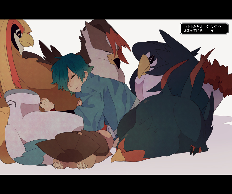 1boy bird closed_eyes falkner_(pokemon) hair_over_one_eye honchkrow male_focus menoco noctowl parted_lips pelipper pidgeot pokemon pokemon_(game) pokemon_hgss short_hair simple_background sleeping staraptor swellow white_background