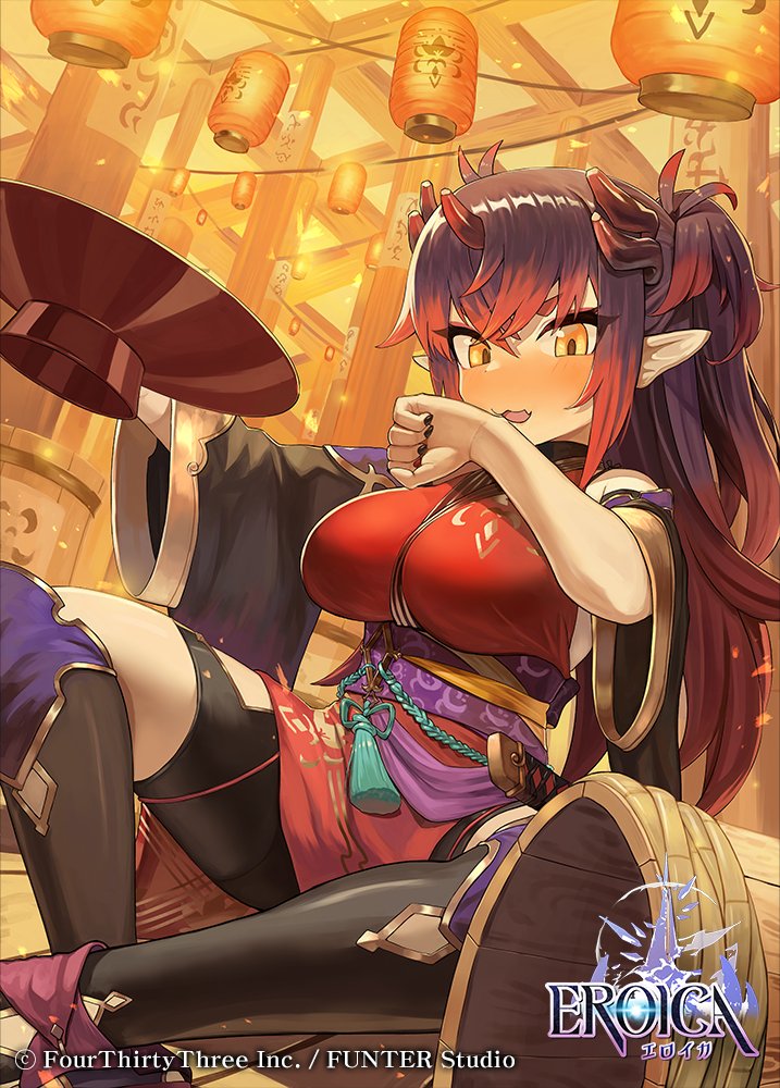 1girl black_hair black_nails blush eroica gradient_hair japanese_clothes lantern long_hair melavi_(eroica) moutama multicolored_hair official_art open_mouth paper_lantern pointy_ears redhead sitting smile solo wide_sleeves