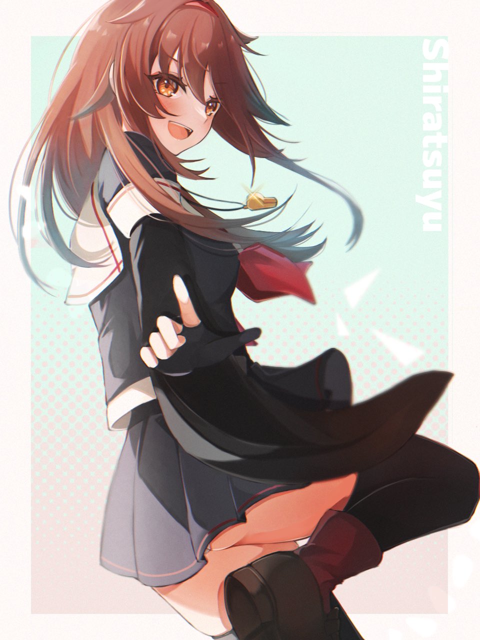 1girl black_gloves black_serafuku black_thighhighs brown_eyes brown_hair commentary_request commission fingerless_gloves from_behind gloves hair_flaps hairband highres index_finger_raised kantai_collection looking_at_viewer panties pantyshot ranran_3939 red_hairband school_uniform serafuku shiratsuyu_(kancolle) shiratsuyu_kai_ni_(kancolle) solo standing standing_on_one_leg thigh-highs underwear whistle whistle_around_neck