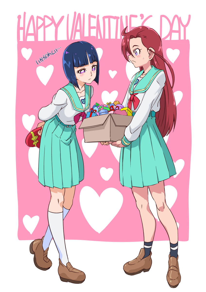 2girls aozora_middle_school_uniform arms_behind_back asymmetrical_bangs bangs black_socks blunt_bangs blunt_ends blush bob_cut bow bowtie box brown_footwear cardboard_box closed_mouth english_text frown gift green_sailor_collar green_skirt happy_valentine heart-shaped_box heel_up high-waist_skirt highres holding holding_box holding_gift kneehighs leaning_forward loafers long_hair long_sleeves looking_at_another medium_skirt multiple_girls object_behind_back pink_background precure red_bow red_bowtie redhead sailor_collar school_uniform shimotsuki_juugo shiratori_yuriko shoes short_hair skirt socks standing sweatdrop takizawa_asuka translated tropical-rouge!_precure valentine violet_eyes white_socks yuri