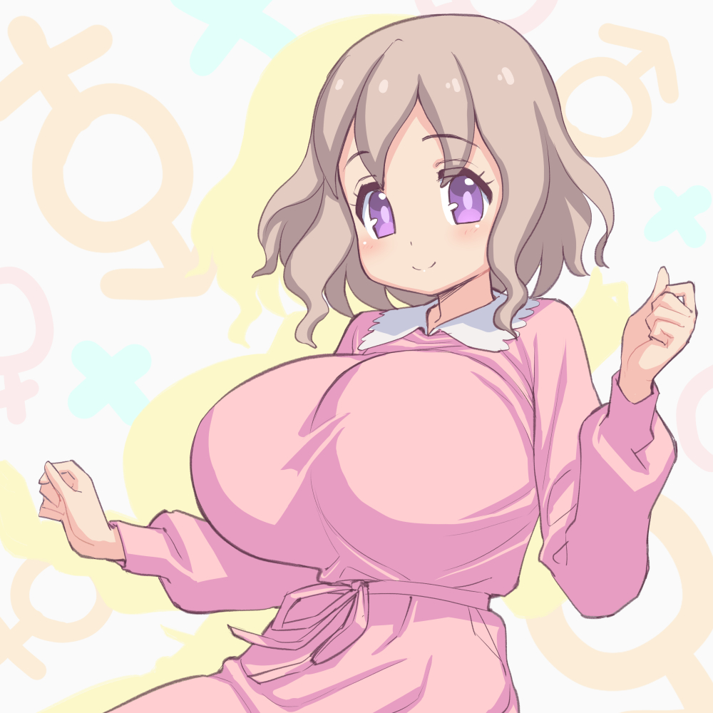 1girl breasts character_request dress eyebrows eyelashes female grey_hair huge_breasts large_breasts looking_at_viewer magaki_ryouta medium_hair onii-chan_wa_oshimai! pink_dress simple_background smile solo standing violet_eyes