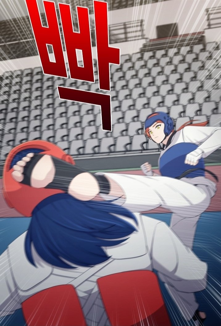 2girls blue_headwear feet fighting high_kick kicking multiple_girls original red_headwear taekwondo