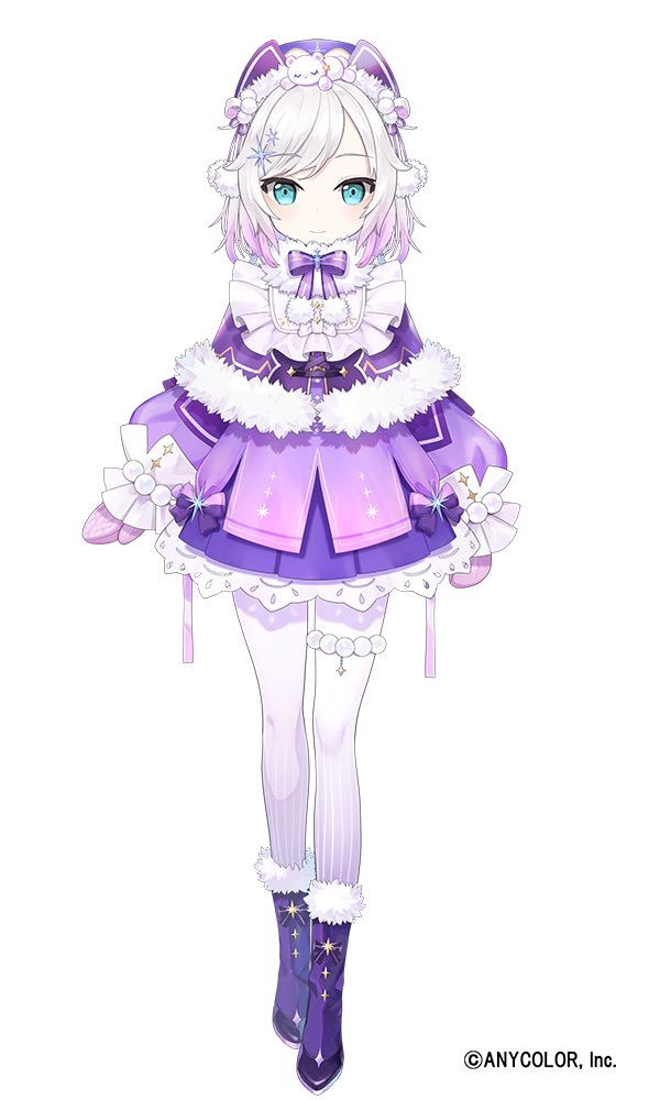 ars_almal blue_eyes blush boots bow capelet commentary full_body fur-trimmed_boots fur-trimmed_capelet fur_trim gradient_hair hair_ornament hairclip multicolored_hair natsuiro_xx nijisanji official_art pantyhose pink_hair pink_mittens purple_bow purple_capelet purple_footwear purple_headwear purple_skirt short_hair skirt smile snowflake_hair_ornament virtual_youtuber white_hair