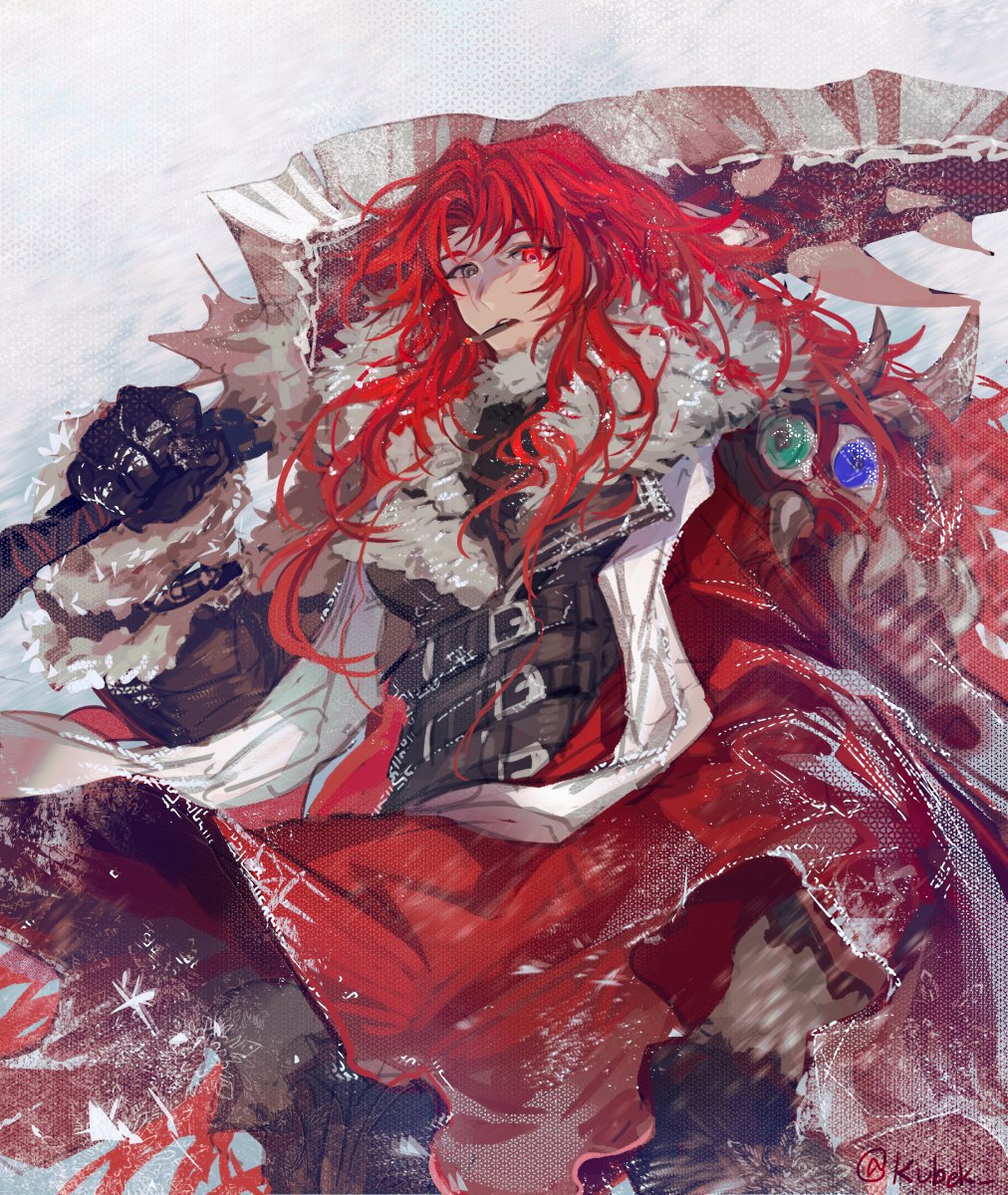 1girl bangs belt black_belt black_gloves black_jacket black_shirt cape commentary_request cowboy_shot fur-trimmed_jacket fur_trim gebura_(project_moon) gloves greatsword grey_eyes heterochromia highres holding holding_sword holding_weapon jacket korean_commentary kubek living_weapon lobotomy_corporation long_hair looking_at_viewer multiple_belts nothing_there over_shoulder parted_bangs project_moon red_cape red_eyes redhead scar scar_across_eye shirt smoking snowflakes snowing solo stole sword weapon weapon_over_shoulder