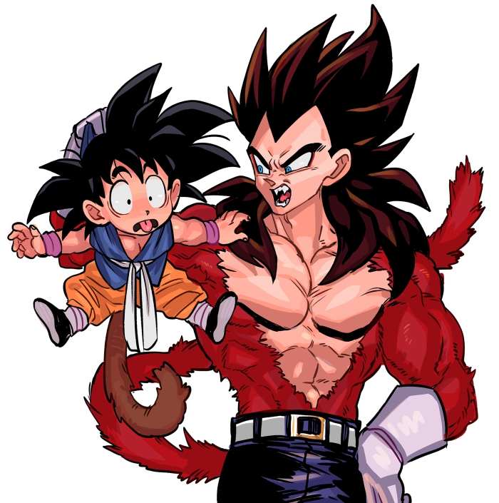 2boys age_difference black_hair blue_eyes body_fur denim dougi dragon_ball dragon_ball_gt fangs gloves jeans monkey_boy monkey_tail multiple_boys muscular muscular_male nanika_(nnkgh) pants red_fur size_difference son_goku spiky_hair super_saiyan super_saiyan_4 tail tan topless_male vegeta widow's_peak