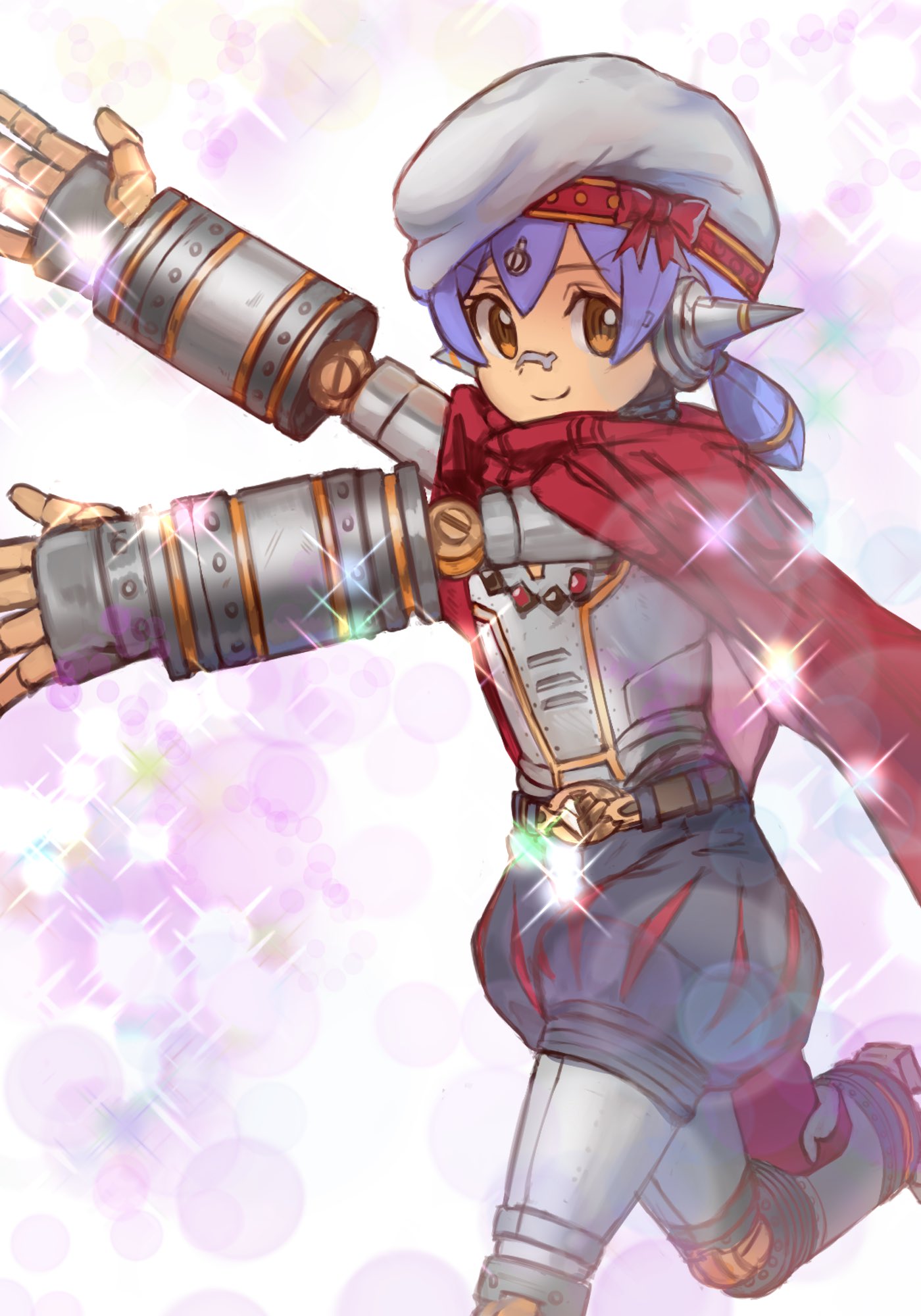 1girl android bangs beret black_shorts bow brown_eyes cape closed_mouth commentary_request hair_between_eyes hat hat_bow highres looking_at_viewer outstretched_arms poppi_(xenoblade) puffy_shorts purple_hair r123 red_bow red_cape short_shorts shorts smile solo white_headwear xenoblade_chronicles_(series) xenoblade_chronicles_2