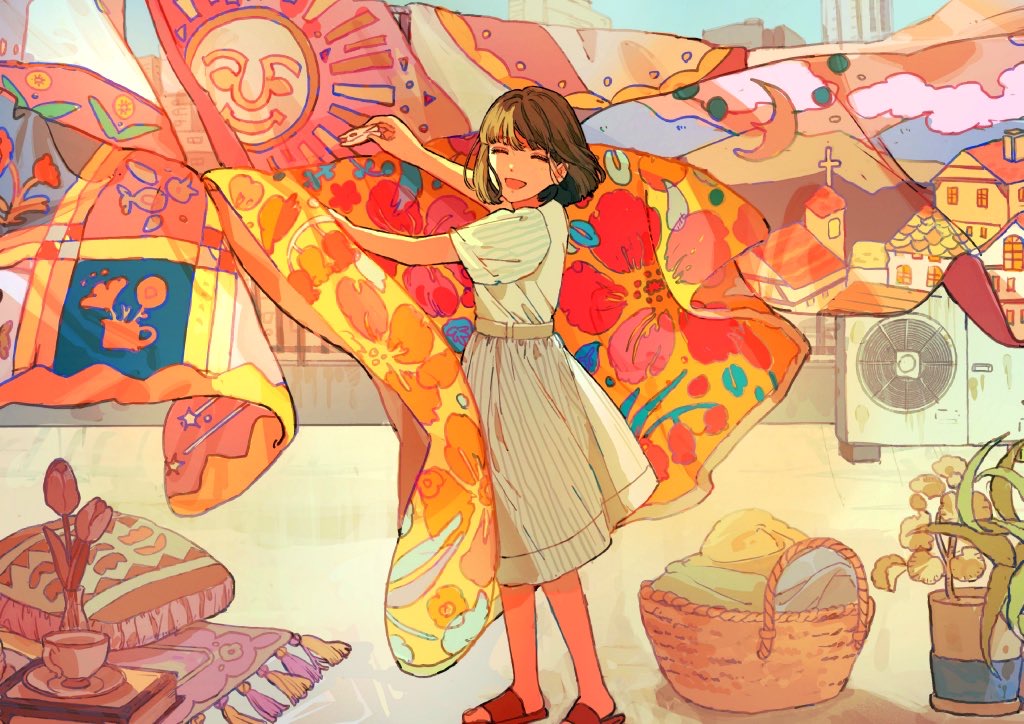 1girl :d air_conditioner bangs basket blue_sky brown_hair building closed_eyes clothes_pin commentary_request day dress facing_viewer fringe_trim holding laundry original outdoors pillow qooo003 red_footwear sandals short_sleeves sky smile solo standing white_dress