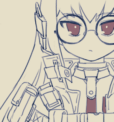 1girl arigatoner commentary frown girls_frontline glasses headgear jacket long_hair looking_at_viewer lowres mod3_(girls'_frontline) monochrome red_eyes round_eyewear sketch solo spot_color straight-on tactical_clothes type_80_(girls'_frontline) upper_body