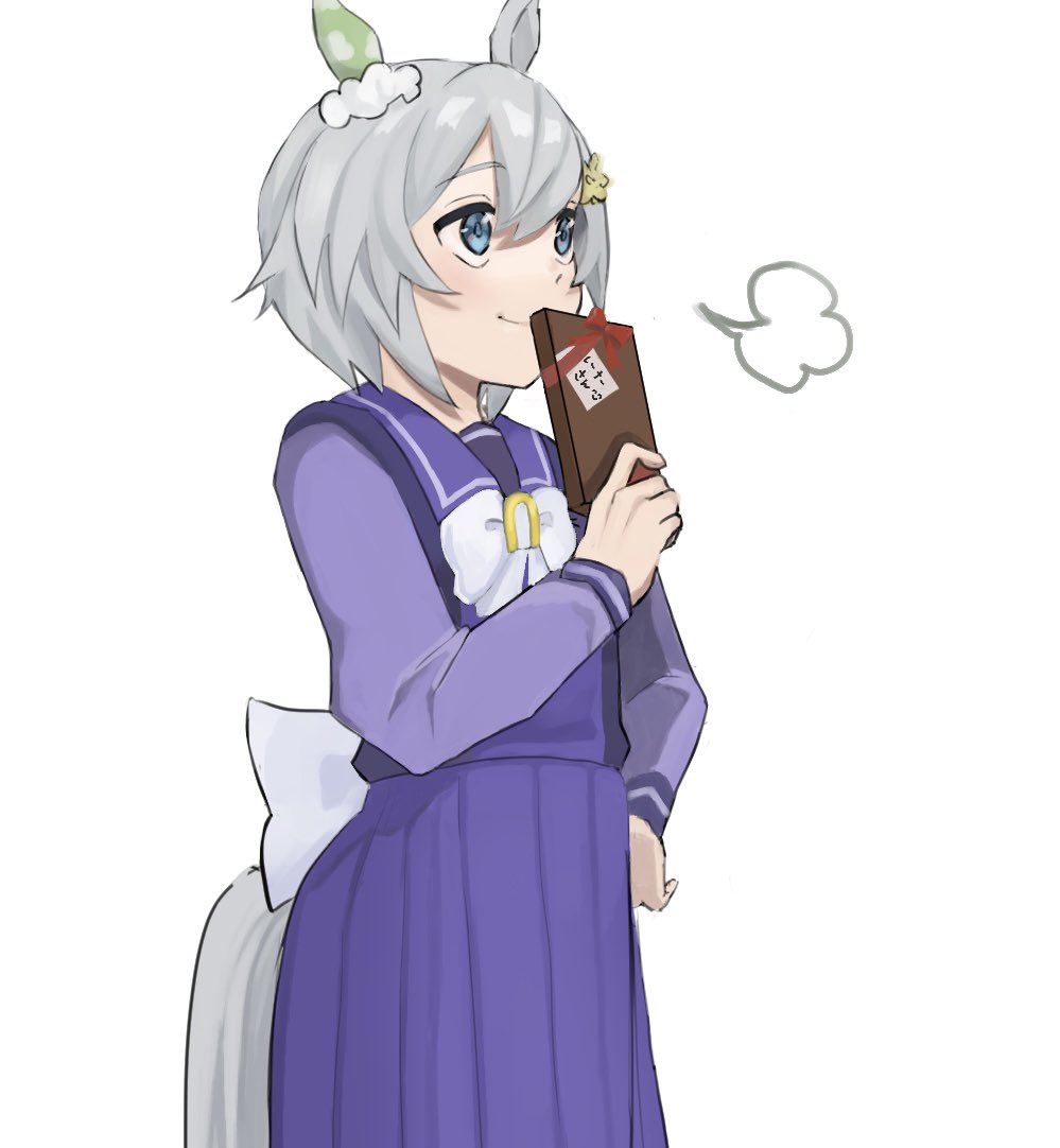 1girl =3 animal_ears back_bow bangs blue_eyes bow box closed_mouth commentary_request ear_covers gift gift_box grey_hair hair_ornament hairclip hand_on_hip holding holding_gift horse_ears horse_girl looking_to_the_side medium_skirt pleated_skirt purple_sailor_collar purple_shirt purple_skirt sailor_collar school_uniform seiun_sky_(umamusume) serafuku shirt short_hair sigh simple_background single_ear_cover skirt small-wso6-bell smile solo standing tracen_school_uniform umamusume valentine white_background white_bow