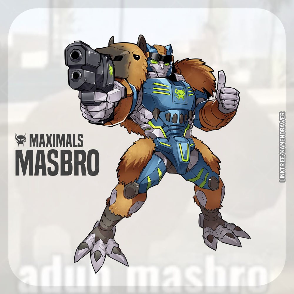 ashmish beast_wars character_name green_eyes gun holding holding_gun holding_weapon looking_at_viewer maximal mecha no_humans original robot smile solo standing thumbs_up transformers weapon web_address