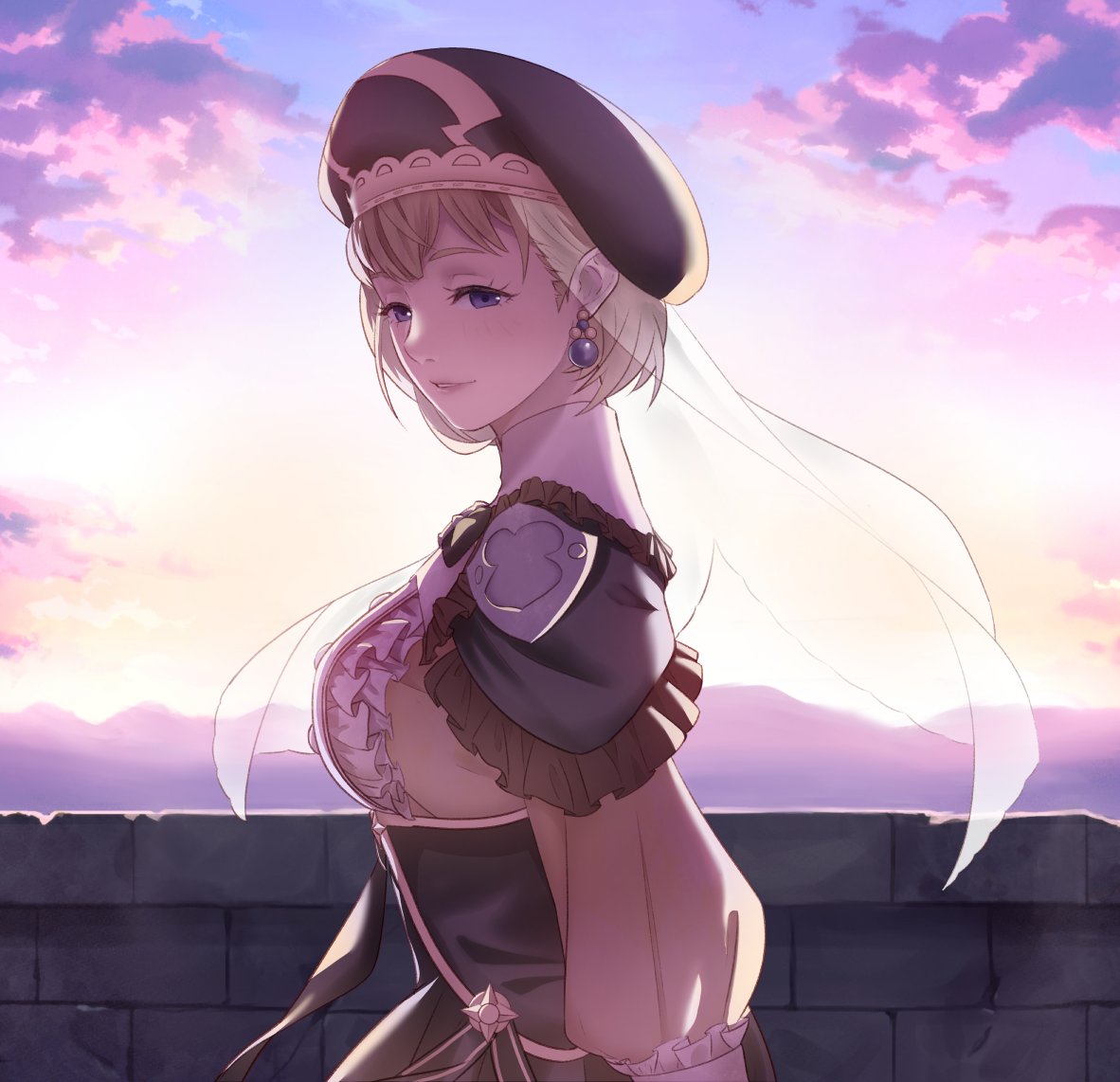 1girl balcony bangs blonde_hair blue_eyes breasts dress earrings fire_emblem fire_emblem:_three_houses hat jewelry looking_at_viewer looking_back medium_breasts mercedes_von_martritz outdoors pomelomelon see-through short_hair smile solo veil