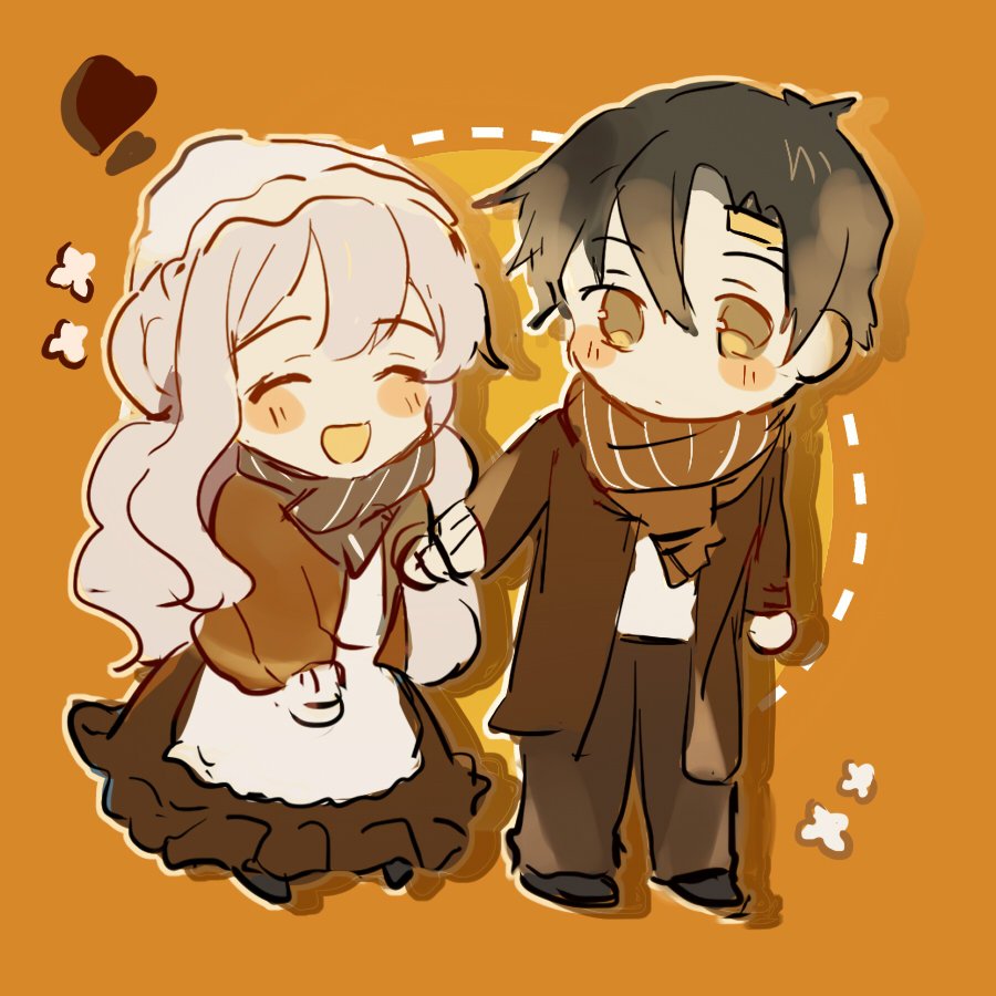 1boy 1girl ^_^ apron arm_at_side bangs beanie black_footwear black_hair blush_stickers brown_coat brown_dress brown_jacket brown_scarf chibi closed_eyes coat colored_mouth dotted_line dress flower_(symbol) frilled_dress frills full-body_tattoo grey_scarf hair_between_eyes hair_ornament hairclip hat holding_hands jacket kagerou_project kozakura_marry limited_palette long_hair long_sleeves looking_at_another mekakucity_actors no_hair_ornament no_hairband no_nose no_ribbon open_clothes open_coat open_jacket open_mouth otorigg outline scarf seto_kousuke shoes short_hair sketch smile striped striped_scarf tattoo two-tone_background very_long_hair wavy_hair white_apron white_hair white_headwear white_outline yellow_background yellow_eyes yellow_theme