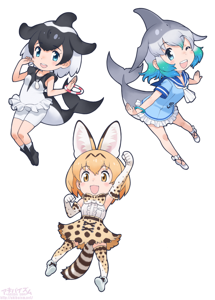 3girls animal_ears black_hair blonde_hair blue_eyes bow bowtie cat_ears cat_girl cat_tail cetacean_tail commerson's_dolphin_(kemono_friends) common_bottlenose_dolphin_(kemono_friends) dolphin_girl elbow_gloves fish_tail gloves grey_hair kemono_friends kneehighs multiple_girls official_art one_eye_closed open_mouth serval_(kemono_friends) shirt short_hair skirt sleeveless sleeveless_shirt smile socks tail thigh-highs transparent_background yellow_eyes yoshizaki_mine