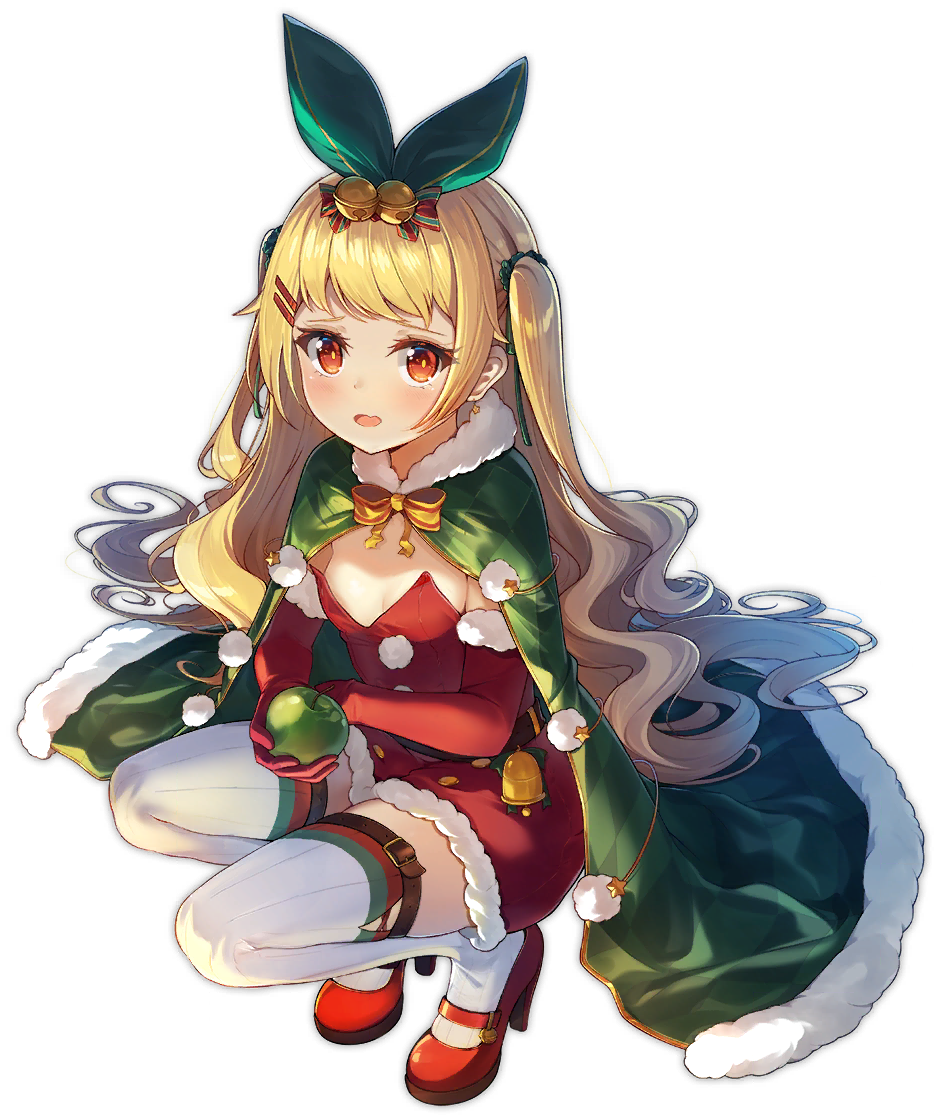 &gt;_&lt; 1girl azur_lane bangs bell bird blonde_hair box breasts cape chick christmas christmas_ornaments christmas_tree copyright_name dango_remi dress elbow_gloves fur-trimmed_cape fur-trimmed_gloves fur_trim gift gift_box gloves green_cape hair_bell hair_ornament hairclip high_heels jenkins_(azur_lane) jenkins_(light_of_the_holiest_star)_(azur_lane) jingle_bell lamp long_hair looking_at_viewer manjuu_(azur_lane) official_alternate_costume official_art open_mouth outdoors red_dress red_eyes red_footwear red_gloves sack santa_costume scarf small_breasts snow solo squatting strapless strapless_dress thigh-highs twintails white_thighhighs