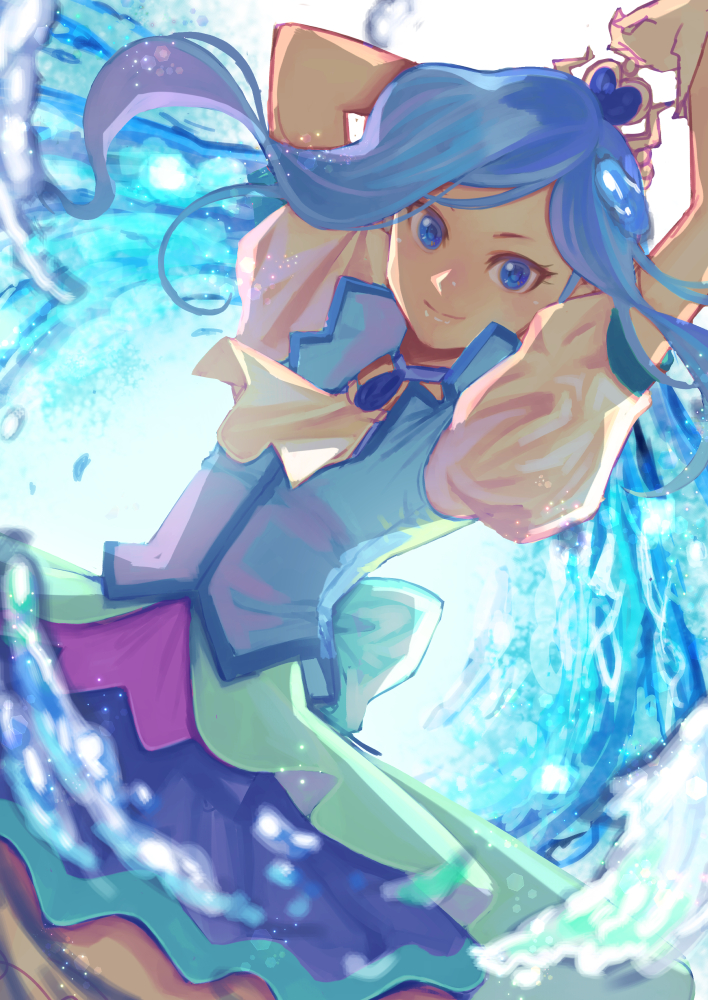 1girl arms_up ascot blue_dress blue_eyes blue_hair blurry blurry_foreground closed_mouth commentary_request cowboy_shot cure_fontaine depth_of_field dress dutch_angle earrings gloves hair_ornament healin'_good_precure jewelry jj_(ssspulse) long_hair looking_at_viewer magical_girl partial_commentary precure puffy_short_sleeves puffy_sleeves sawaizumi_chiyu short_dress short_sleeves smile solo standing tiara water white_ascot white_gloves