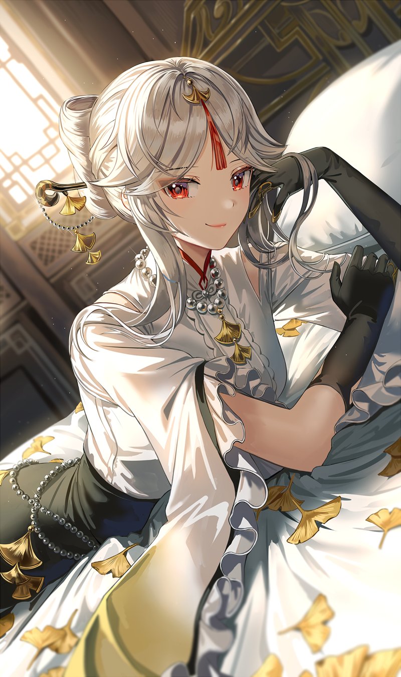 1girl arm_rest autumn_leaves bangs beads bed black_gloves black_skirt center_frills closed_mouth clothing_cutout dutch_angle elbow_gloves elbow_rest eyes_visible_through_hair frilled_shirt frills genshin_impact ginkgo_leaf glint gloves hair_ornament hair_stick hand_in_own_hair hand_on_own_arm hand_up high-waist_skirt highres indoors jewelry leaf light_particles long_hair looking_at_viewer lying necklace ningguang_(genshin_impact) ningguang_(pizza_hut)_(genshin_impact) official_alternate_costume official_alternate_hairstyle on_bed on_stomach parted_bangs pearl_necklace pillow red_eyeliner red_eyes shirt shirt_tucked_in short_sleeves shoulder_cutout sidelocks silence_girl skirt smile solo tassel tassel_hair_ornament white_hair white_shirt wide_sleeves window