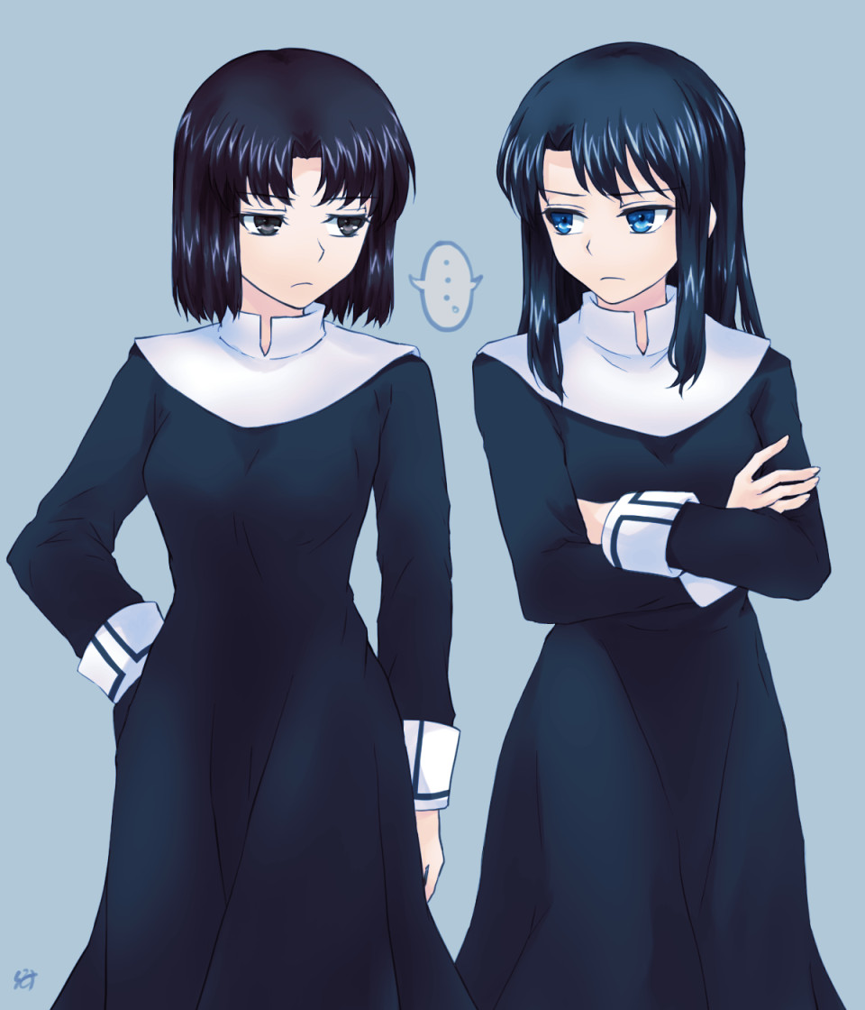 ... 2girls black_dress black_eyes black_hair blue_eyes commentary_request crossed_arms dress frown hand_on_hip kara_no_kyoukai kokutou_azaka lo_lis long_dress multiple_girls reien_girl's_academy_school_uniform school_uniform shared_speech_bubble speech_bubble spoken_ellipsis