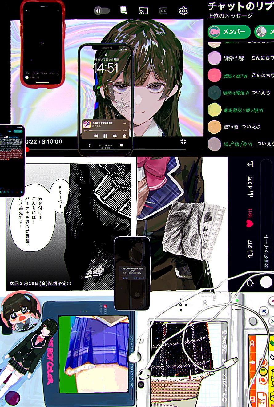 1girl arms_behind_back azuma_kurumi bangs black_eyes black_hair black_jacket blazer blunt_bangs bow bowtie braid brown_cardigan buffering cardigan cellphone cellphone_picture character_pin chat_log closed_mouth collage collared_shirt commentary cowboy_shot cracked_screen earphones earphones french_braid game_boy game_boy_color glitch graph_paper half-closed_eyes halftone handheld_game_console highres hime_cut iridescent jacket long_hair looking_at_viewer nijisanji nintendo_3ds official_alternate_costume phone pink_bow pink_bowtie plaid plaid_skirt pleated_skirt school_uniform shirt skirt smartphone smile thigh-highs tsukino_mito twitter user_interface white_shirt